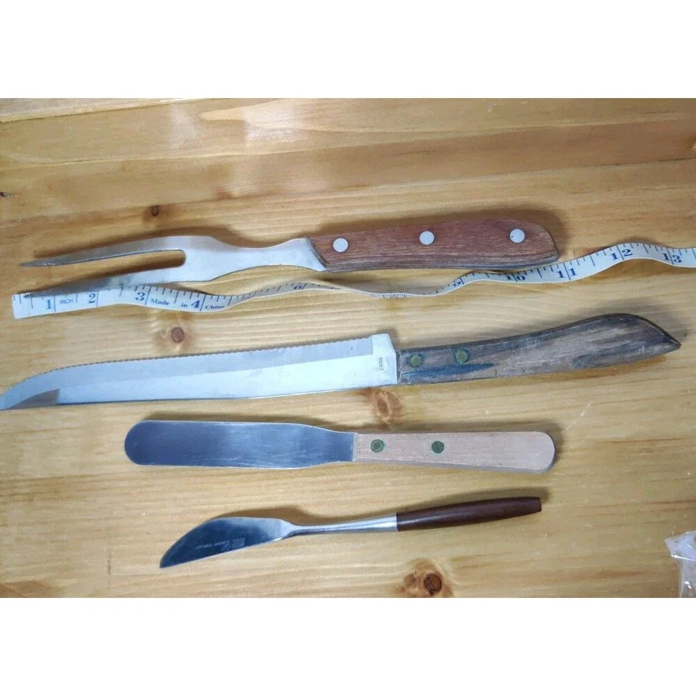Knife Fork LOT of 4 Vintage Stainless Wood Handle Mid Century Modern Japan+++